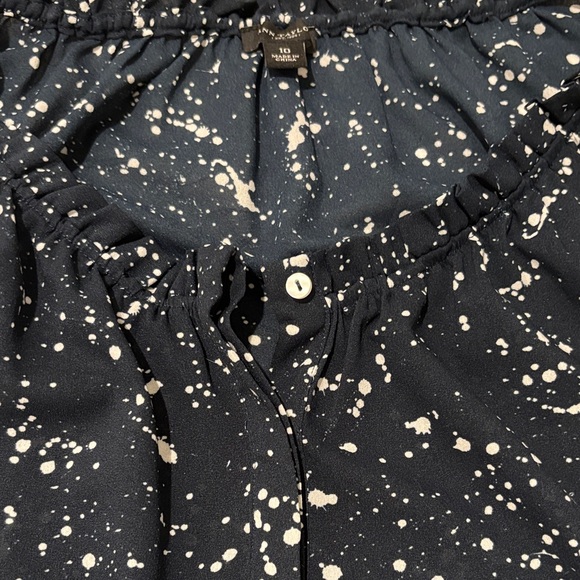 Ann Taylor Navy and White Splatter Blouse Button Detail &Subtle Ruffle Neckline - Picture 6 of 7
